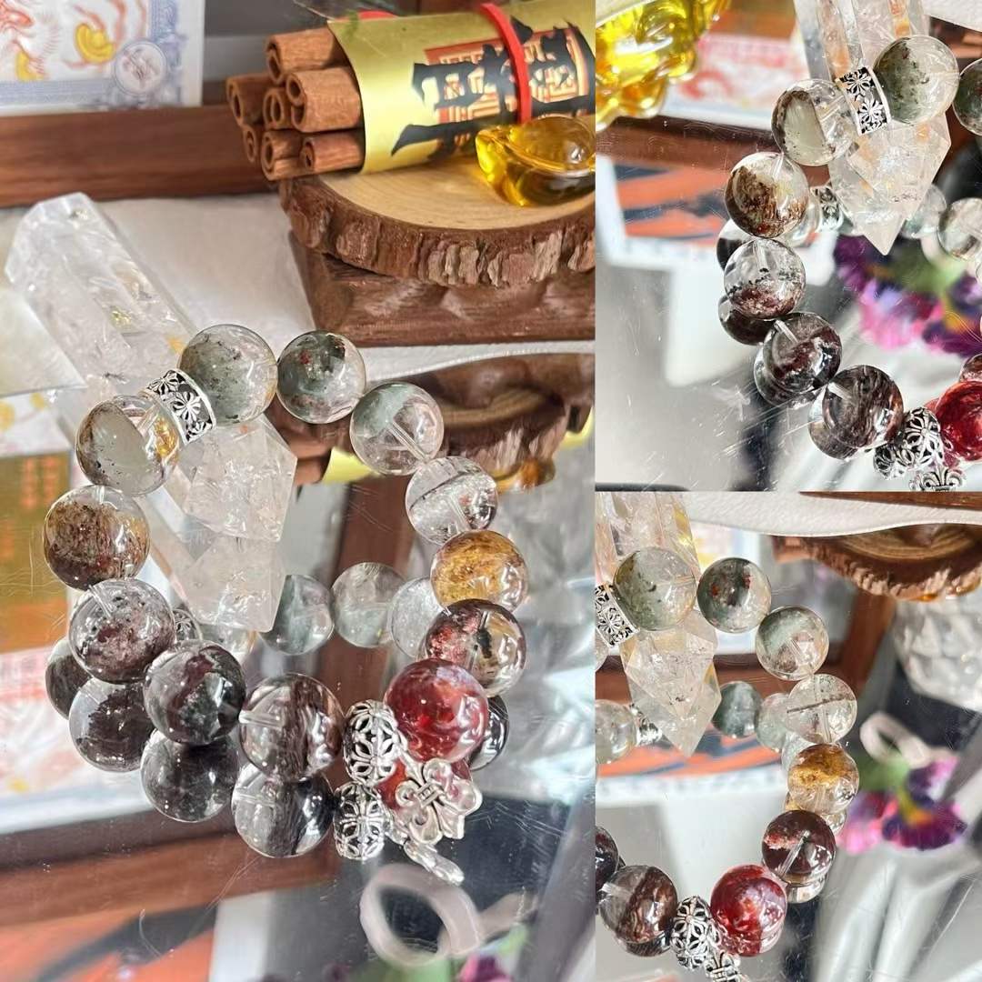Wood · Fire Element · Mountain Pine Red Maple Crystal Bracelet · Four Seasons Phantom Quartz & Red Flower Agate for Prosperity, Career Growth & Positive Energy