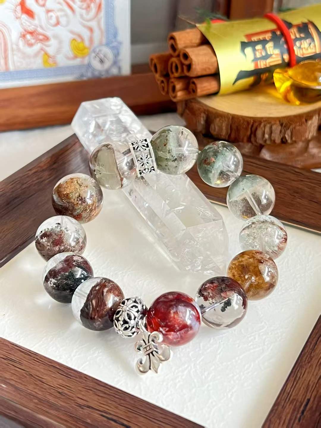 Wood · Fire Element · Mountain Pine Red Maple Crystal Bracelet · Four Seasons Phantom Quartz & Red Flower Agate for Prosperity, Career Growth & Positive Energy