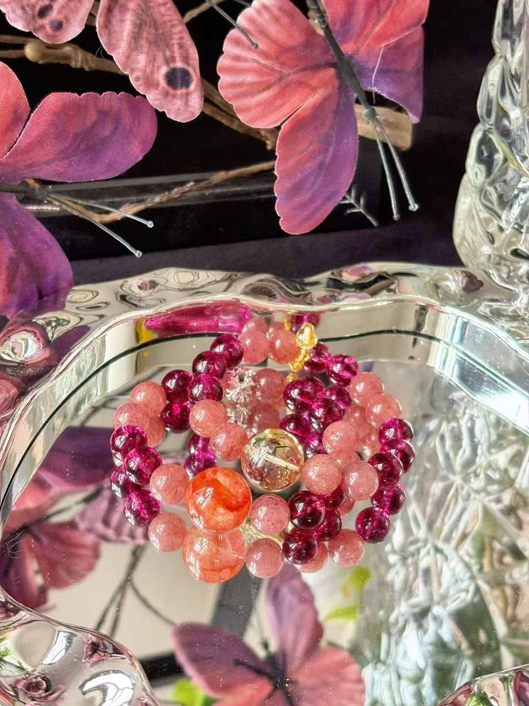 Earth · Fire Element · Heart Connection Crystal Bracelet · Strawberry Quartz, Garnet, Citrine & Red Flower Agate for Love, Confidence & Prosperity