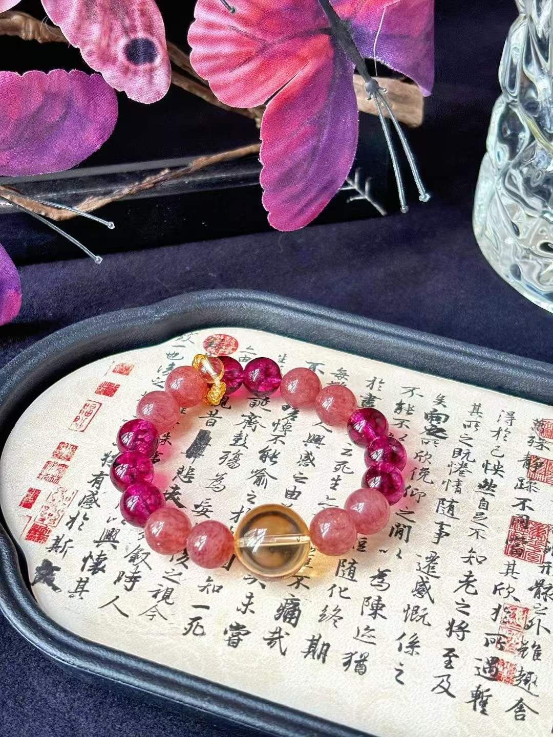 Earth · Fire Element · Heart Connection Crystal Bracelet · Strawberry Quartz, Garnet, Citrine & Red Flower Agate for Love, Confidence & Prosperity