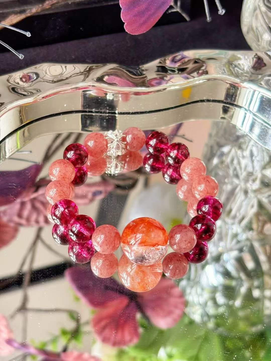Earth · Fire Element · Heart Connection Crystal Bracelet · Strawberry Quartz, Garnet, Citrine & Red Flower Agate for Love, Confidence & Prosperity