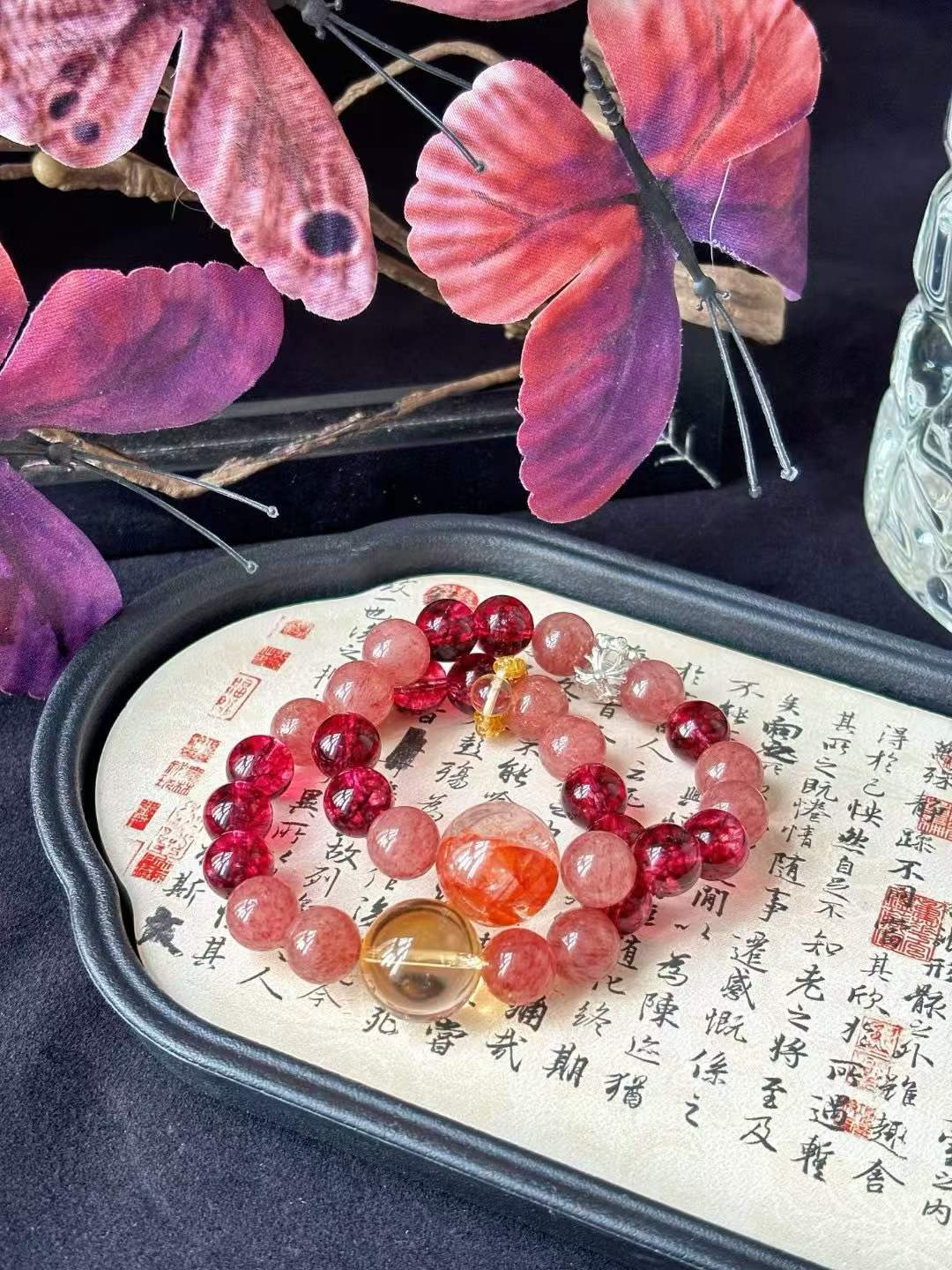 Earth · Fire Element · Heart Connection Crystal Bracelet · Strawberry Quartz, Garnet, Citrine & Red Flower Agate for Love, Confidence & Prosperity