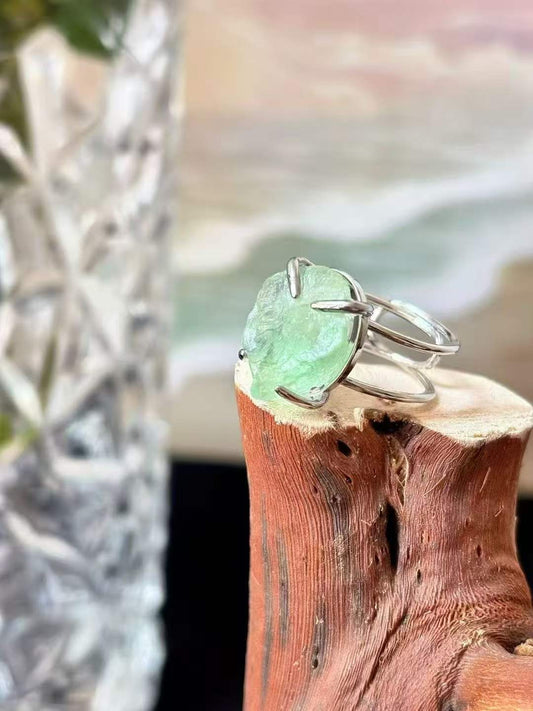 Wood Element · Natural Green Fluorite Raw Crystal Ring · One-of-a-Kind Statement Ring for Clarity, Creativity & Emotional Balance