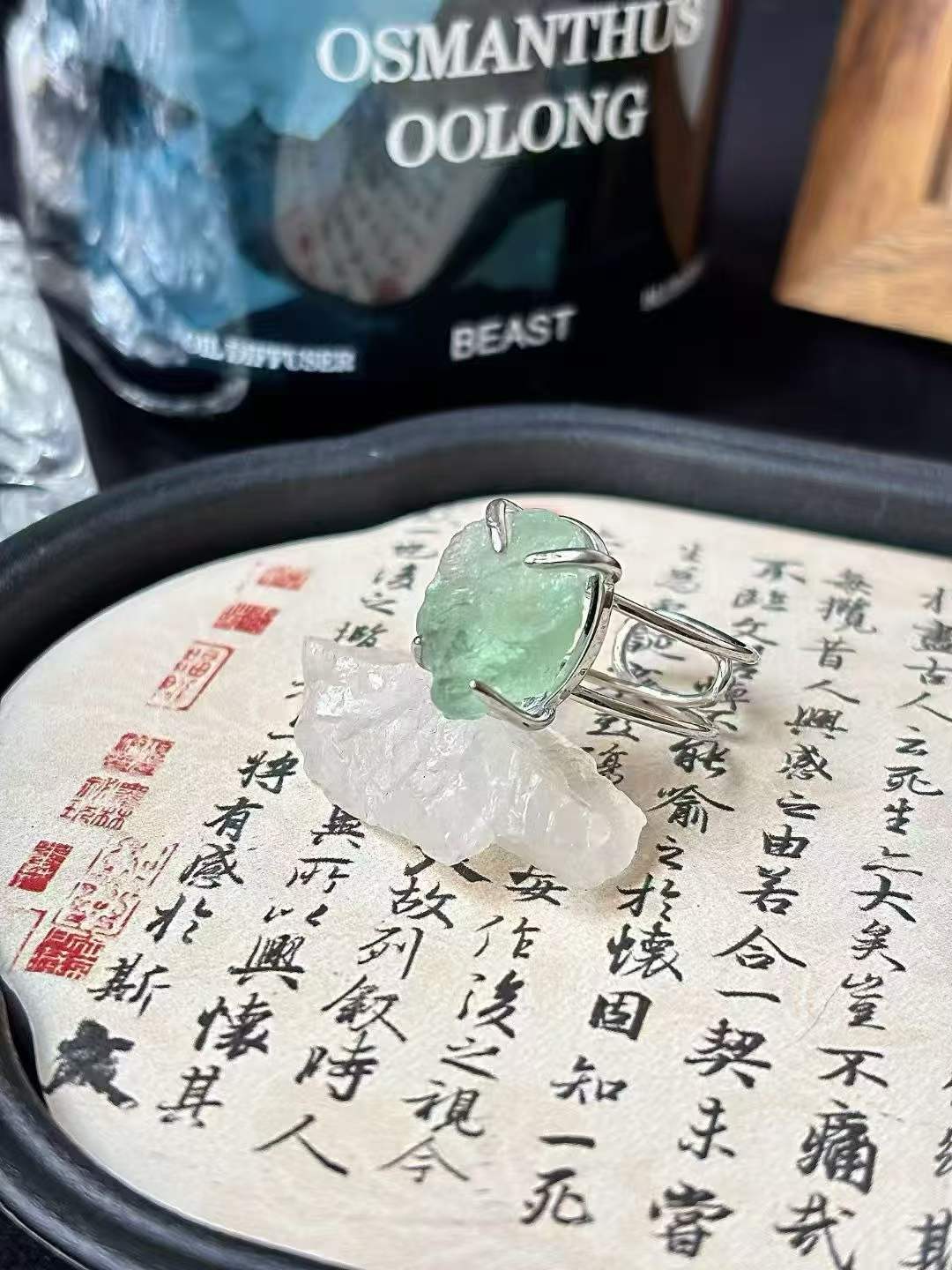 Wood Element · Natural Green Fluorite Raw Crystal Ring · One-of-a-Kind Statement Ring for Clarity, Creativity & Emotional Balance
