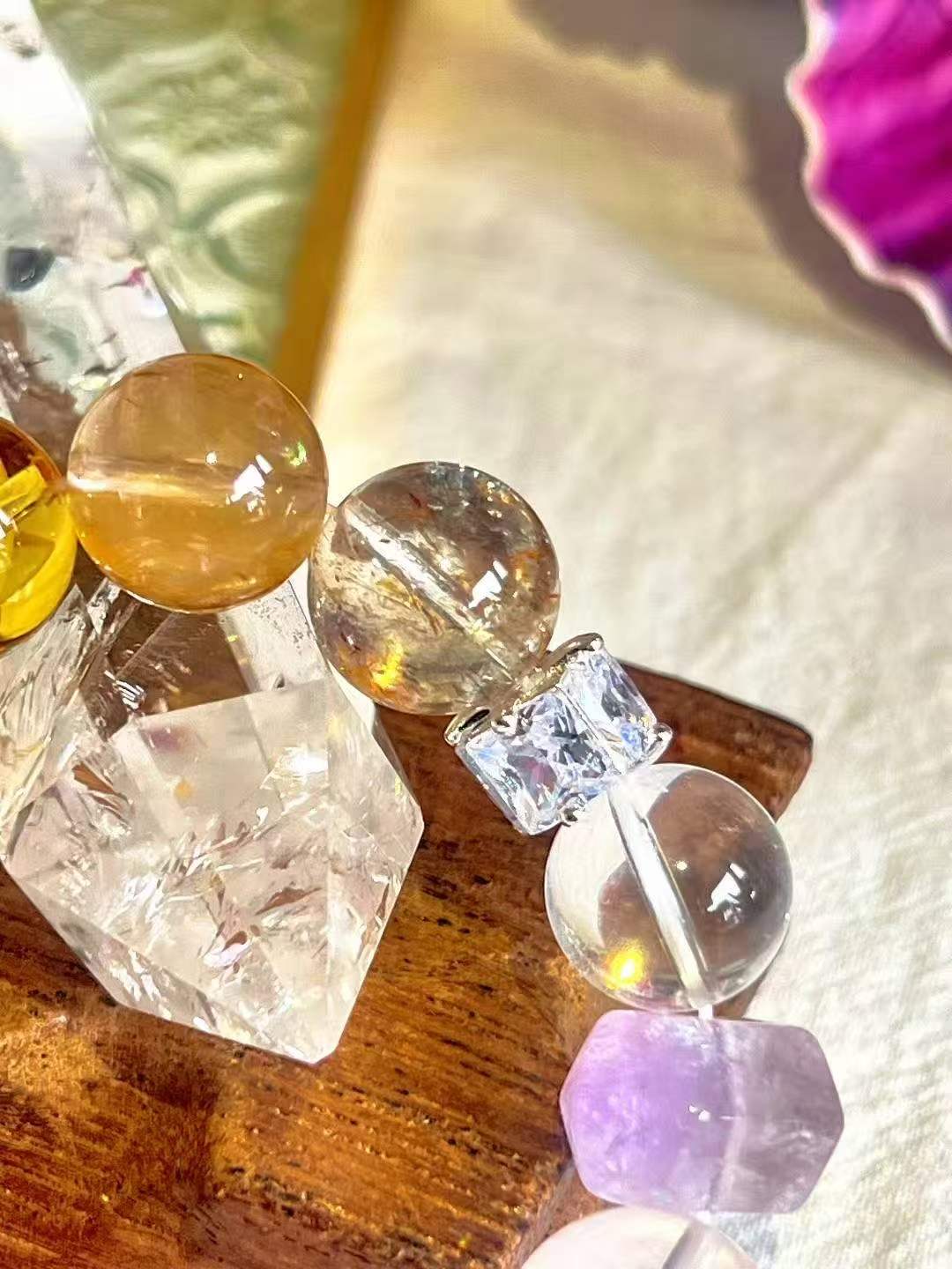 Metal · Wood · Fire · Earth Element · Purple Amber Crystal Bracelet · Uruguay Amethyst, Super Seven & Brazilian Citrine for Wisdom, Prosperity & Career Growth