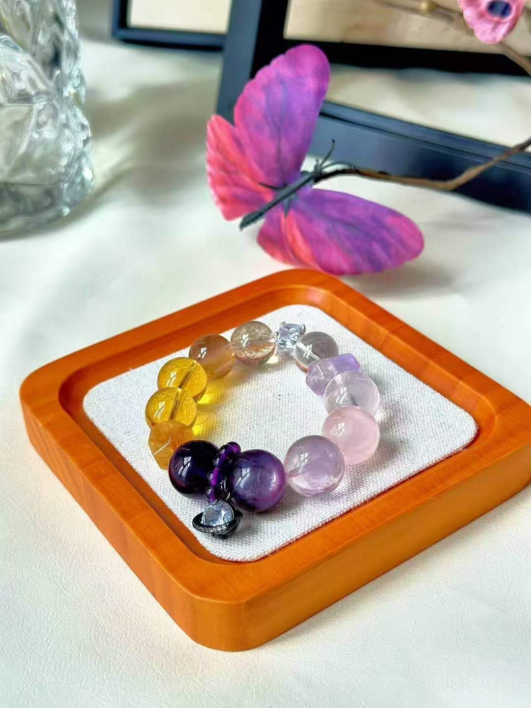 Metal · Wood · Fire · Earth Element · Purple Amber Crystal Bracelet · Uruguay Amethyst, Super Seven & Brazilian Citrine for Wisdom, Prosperity & Career Growth
