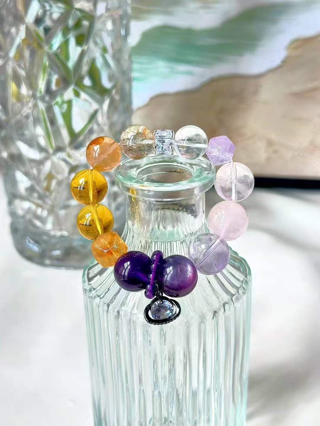 Metal · Wood · Fire · Earth Element · Purple Amber Crystal Bracelet · Uruguay Amethyst, Super Seven & Brazilian Citrine for Wisdom, Prosperity & Career Growth