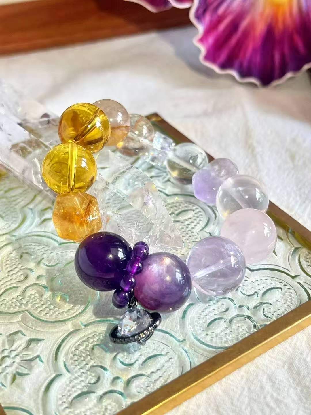Metal · Wood · Fire · Earth Element · Purple Amber Crystal Bracelet · Uruguay Amethyst, Super Seven & Brazilian Citrine for Wisdom, Prosperity & Career Growth