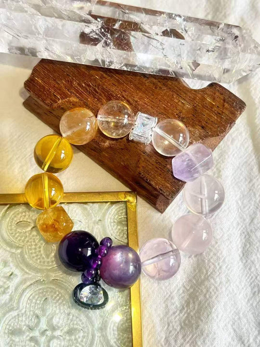 Metal · Wood · Fire · Earth Element · Purple Amber Crystal Bracelet · Uruguay Amethyst, Super Seven & Brazilian Citrine for Wisdom, Prosperity & Career Growth