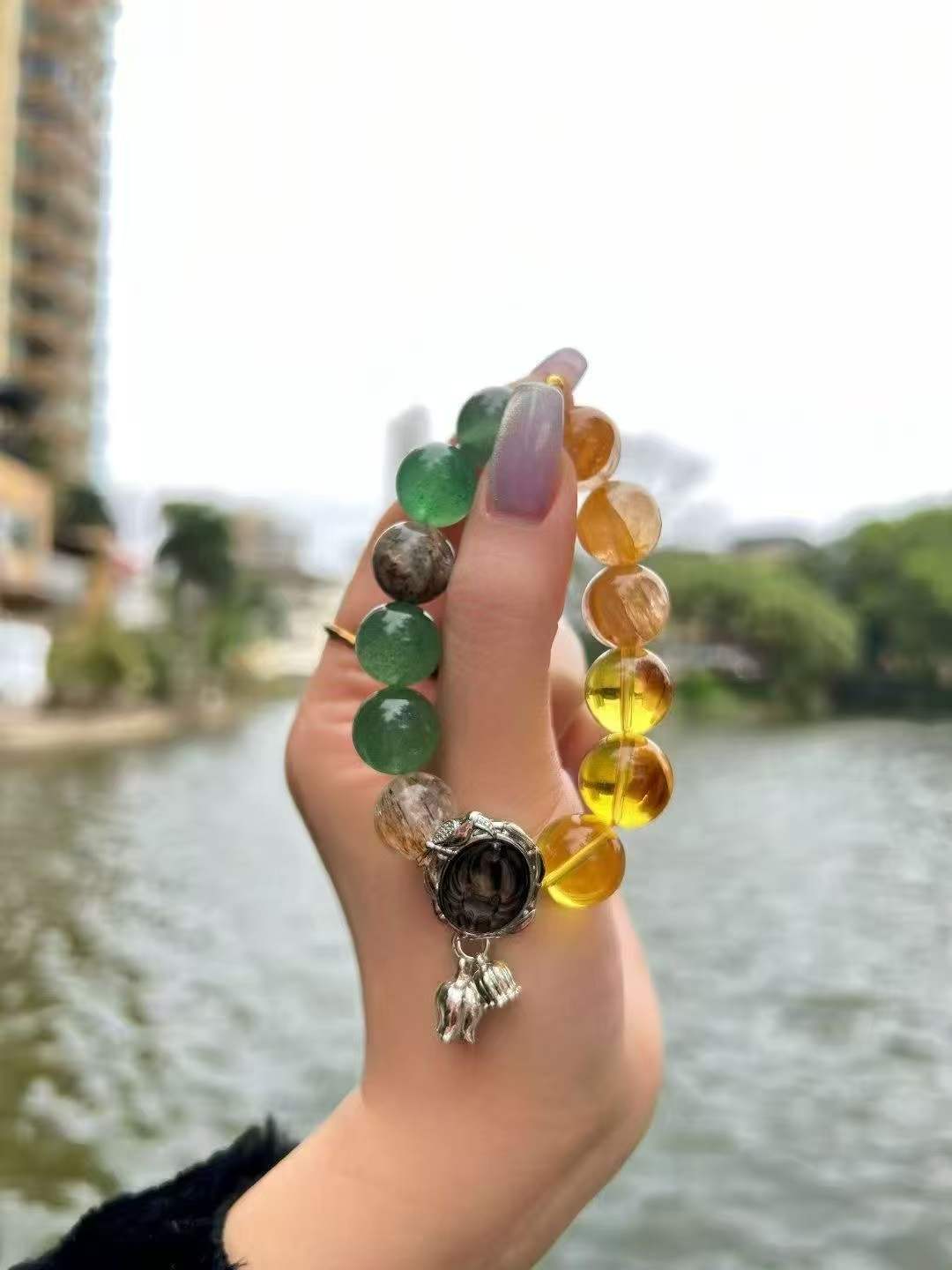 Wood · Water · Earth Element · Wealth Fox Crystal Bracelet · Brazilian Citrine, Golden Flower Agate, Green Strawberry Quartz & Super Seven for Prosperity, Protection & Personal Growth