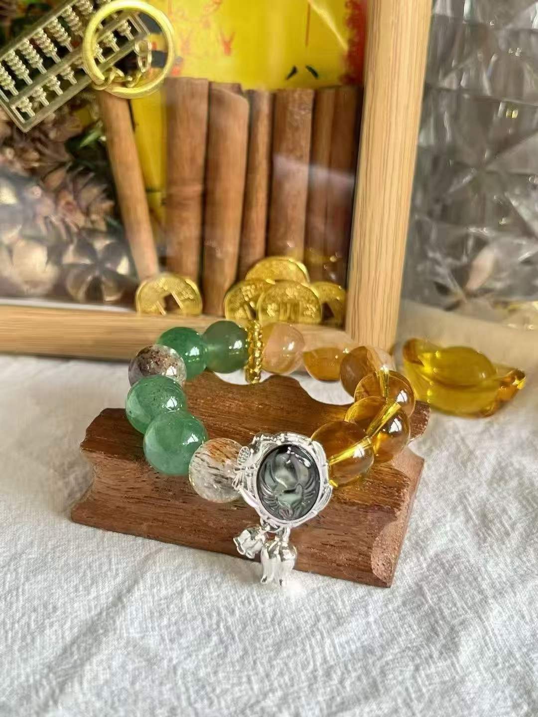 Wood · Water · Earth Element · Wealth Fox Crystal Bracelet · Brazilian Citrine, Golden Flower Agate, Green Strawberry Quartz & Super Seven for Prosperity, Protection & Personal Growth