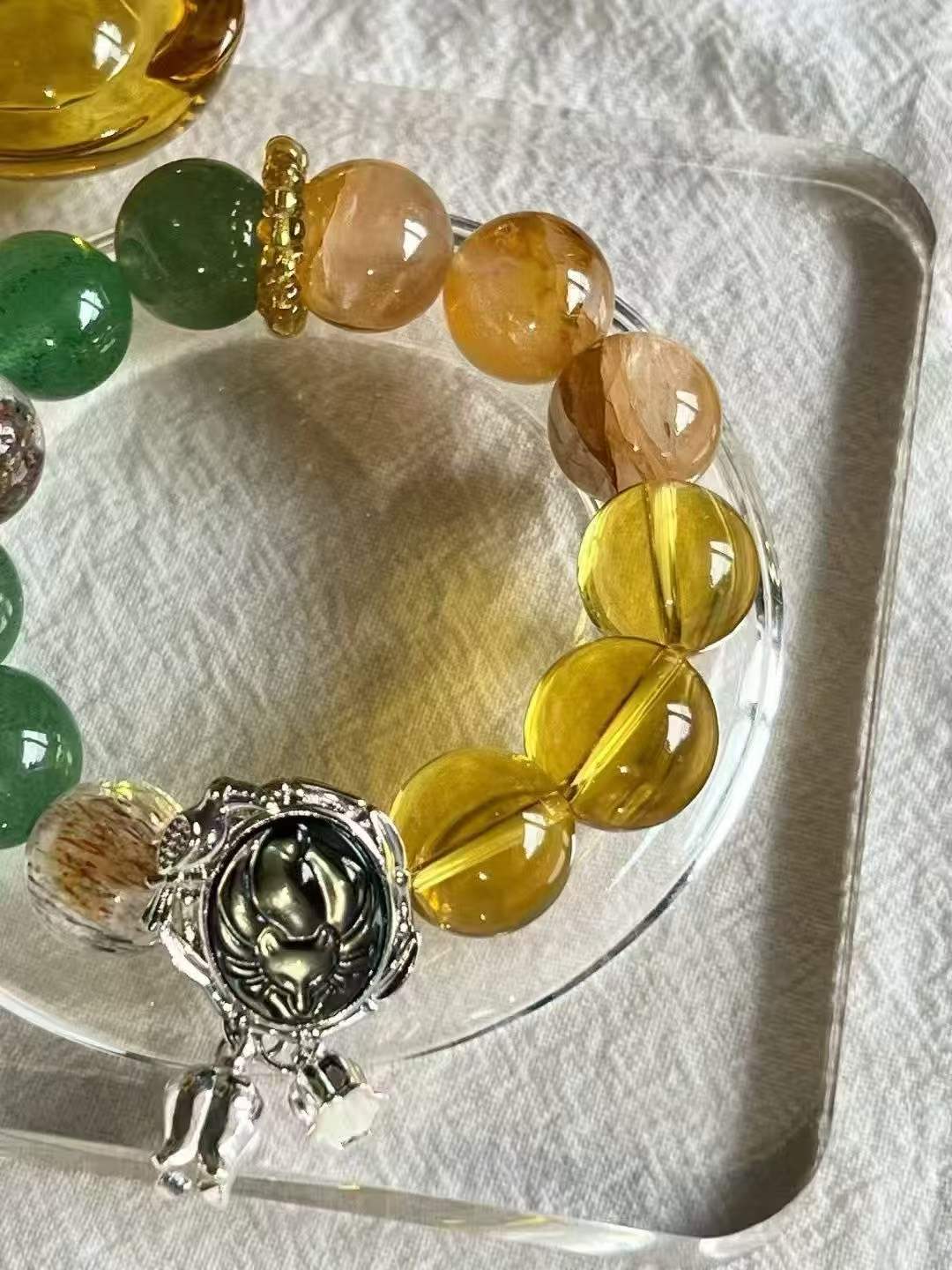 Wood · Water · Earth Element · Wealth Fox Crystal Bracelet · Brazilian Citrine, Golden Flower Agate, Green Strawberry Quartz & Super Seven for Prosperity, Protection & Personal Growth