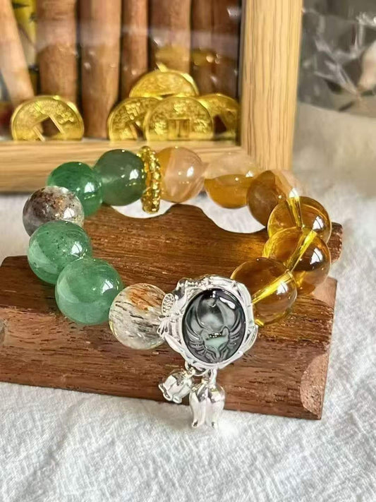 Wood · Water · Earth Element · Wealth Fox Crystal Bracelet · Brazilian Citrine, Golden Flower Agate, Green Strawberry Quartz & Super Seven for Prosperity, Protection & Personal Growth
