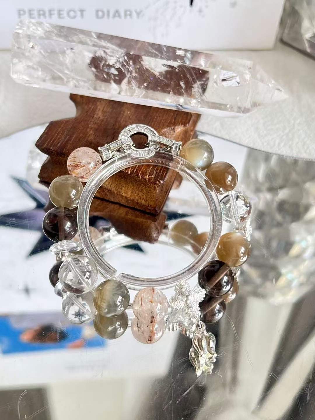 Water · Metal Element · Moonlight Night Crystal Bracelet · Cat Eye Grey Moonstone, Super Seven, Clear Quartz & Smoky Quartz for Love, Prosperity & Energy Balance