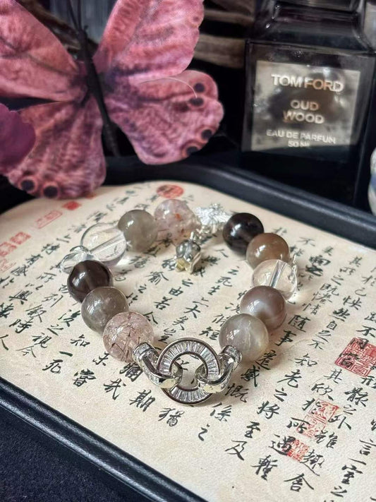 Water · Metal Element · Moonlight Night Crystal Bracelet · Cat Eye Grey Moonstone, Super Seven, Clear Quartz & Smoky Quartz for Love, Prosperity & Energy Balance