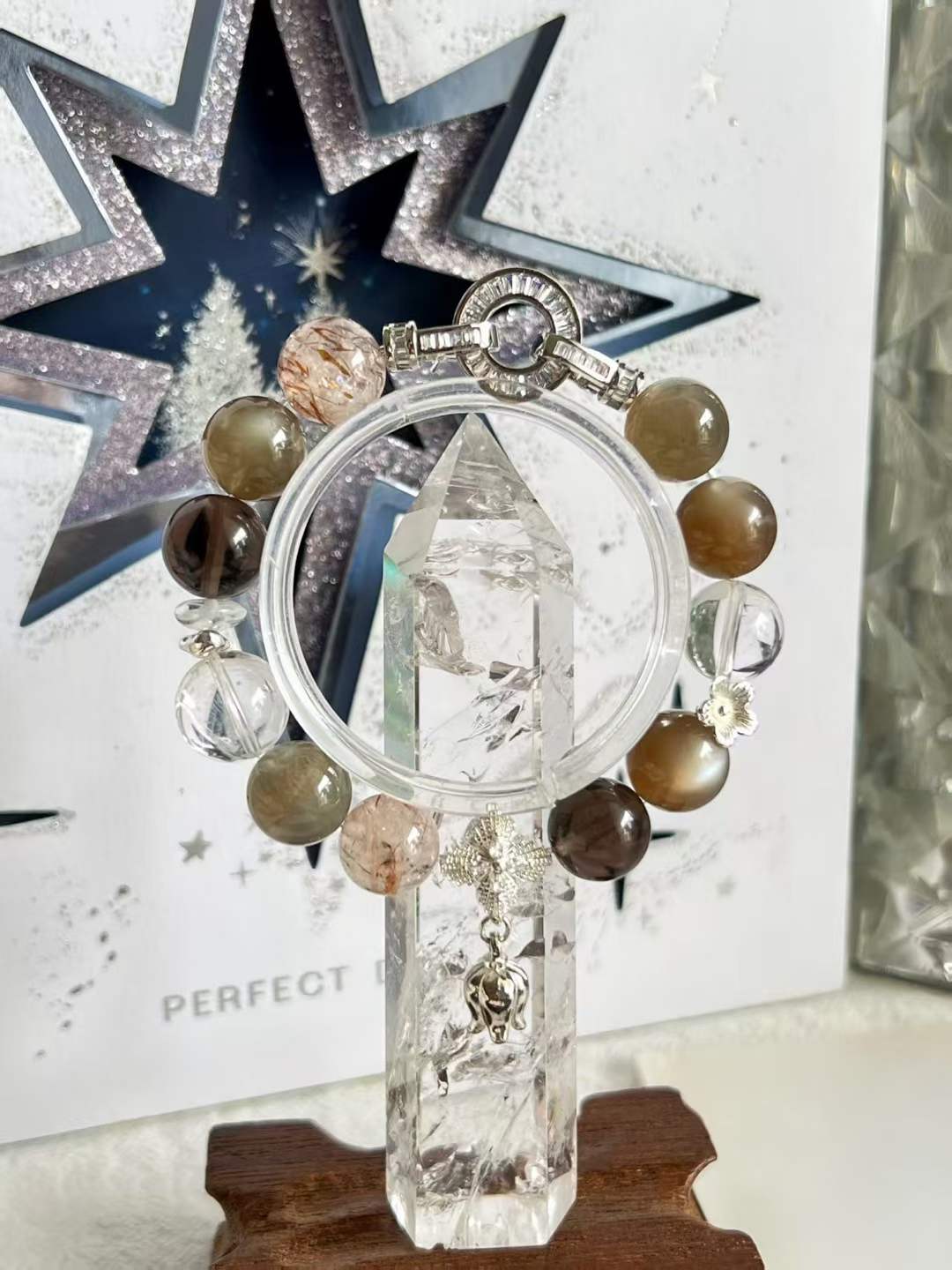 Water · Metal Element · Moonlight Night Crystal Bracelet · Cat Eye Grey Moonstone, Super Seven, Clear Quartz & Smoky Quartz for Love, Prosperity & Energy Balance