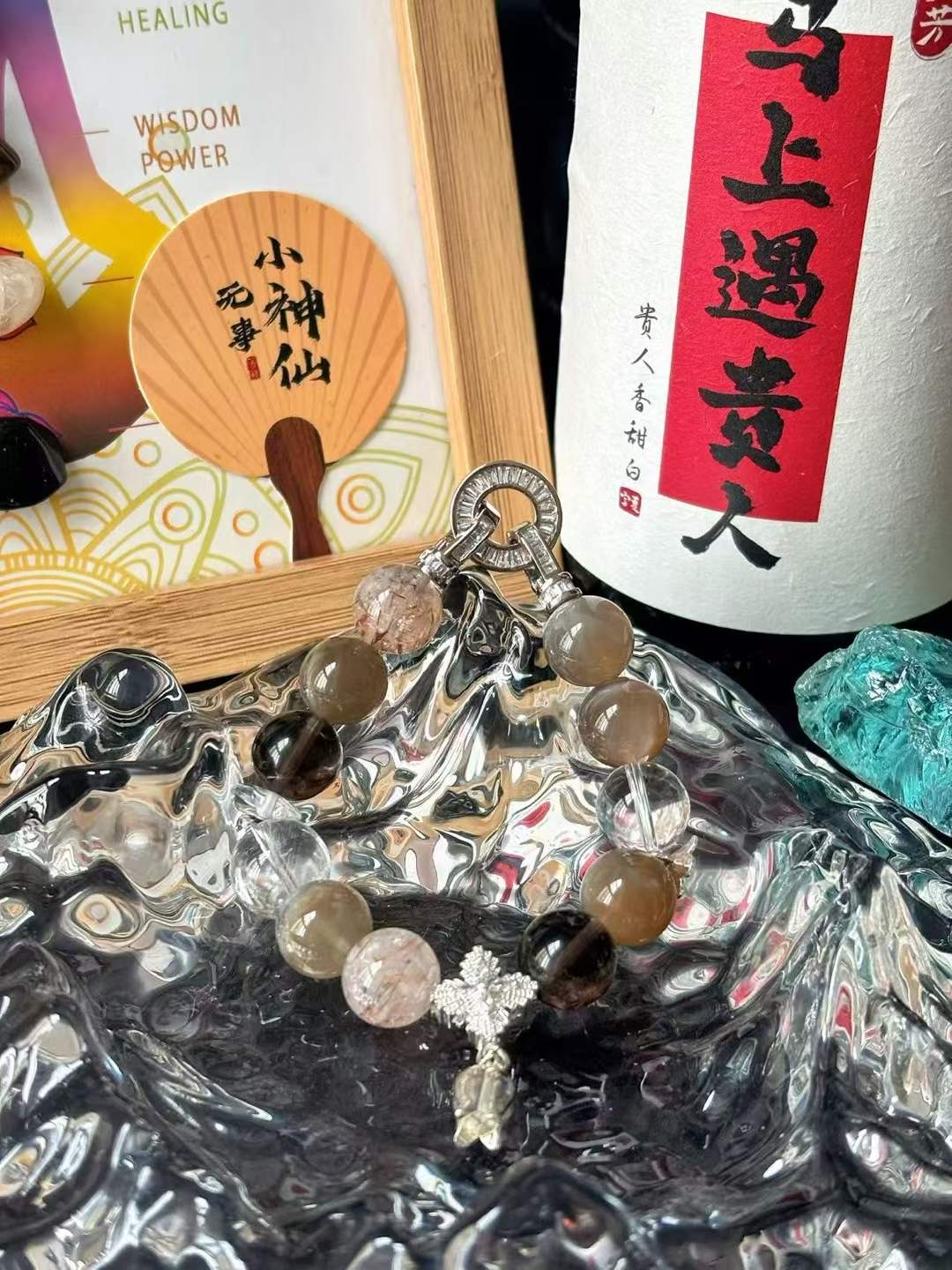 Water · Metal Element · Moonlight Night Crystal Bracelet · Cat Eye Grey Moonstone, Super Seven, Clear Quartz & Smoky Quartz for Love, Prosperity & Energy Balance