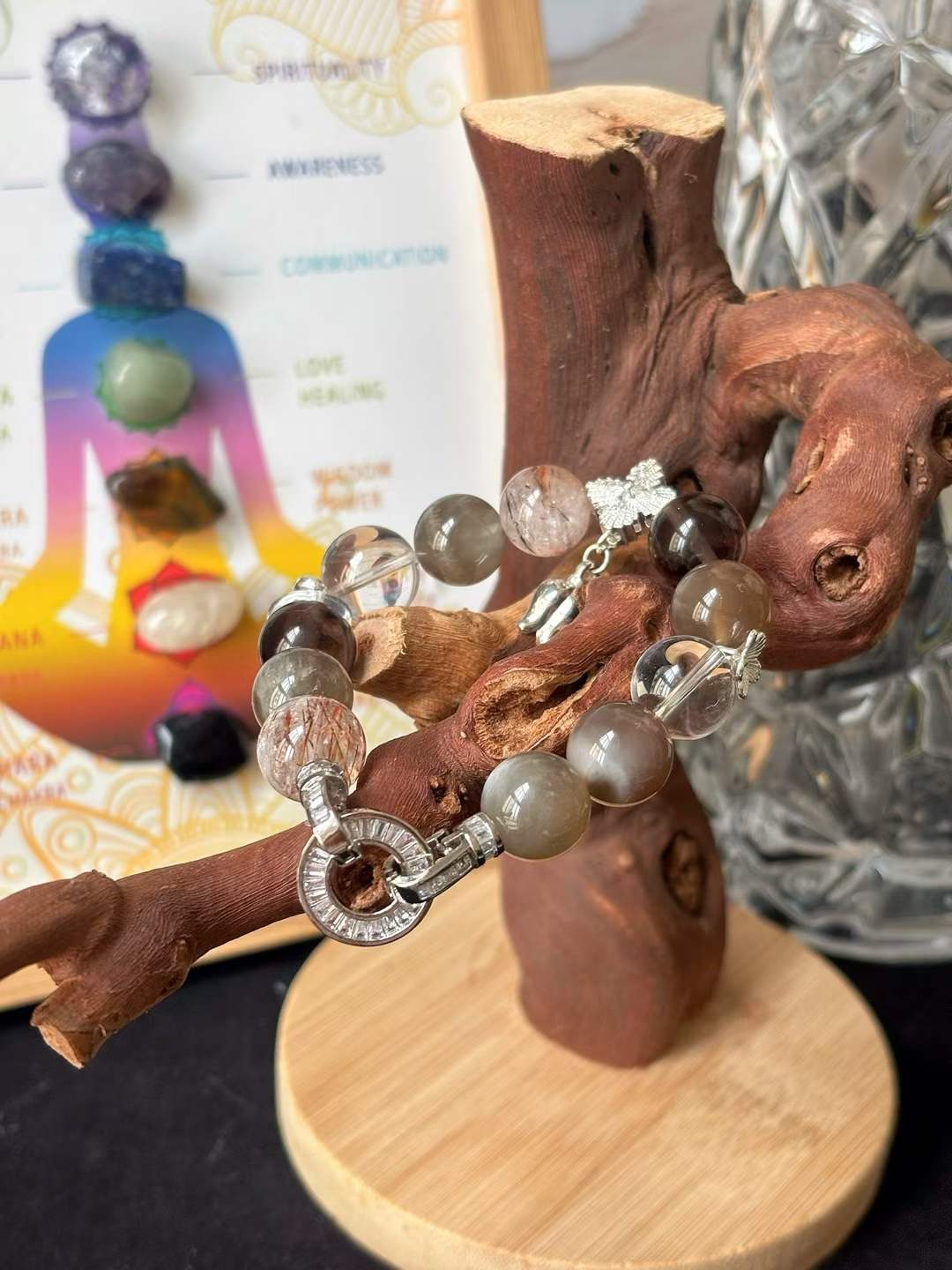 Water · Metal Element · Moonlight Night Crystal Bracelet · Cat Eye Grey Moonstone, Super Seven, Clear Quartz & Smoky Quartz for Love, Prosperity & Energy Balance