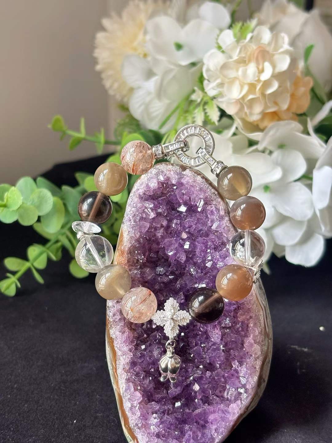Water · Metal Element · Moonlight Night Crystal Bracelet · Cat Eye Grey Moonstone, Super Seven, Clear Quartz & Smoky Quartz for Love, Prosperity & Energy Balance