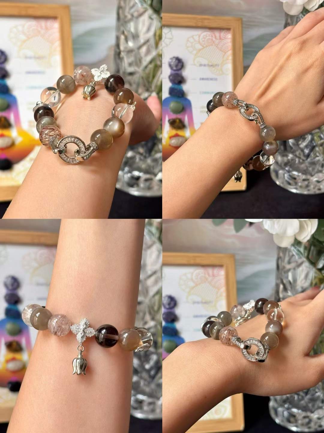 Water · Metal Element · Moonlight Night Crystal Bracelet · Cat Eye Grey Moonstone, Super Seven, Clear Quartz & Smoky Quartz for Love, Prosperity & Energy Balance