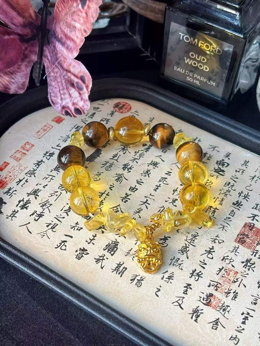 Earth Element · Amber Wealth Crystal Bracelet · Citrine &amp; Tiger Eye for Prosperity, Wealth &amp; Confidence