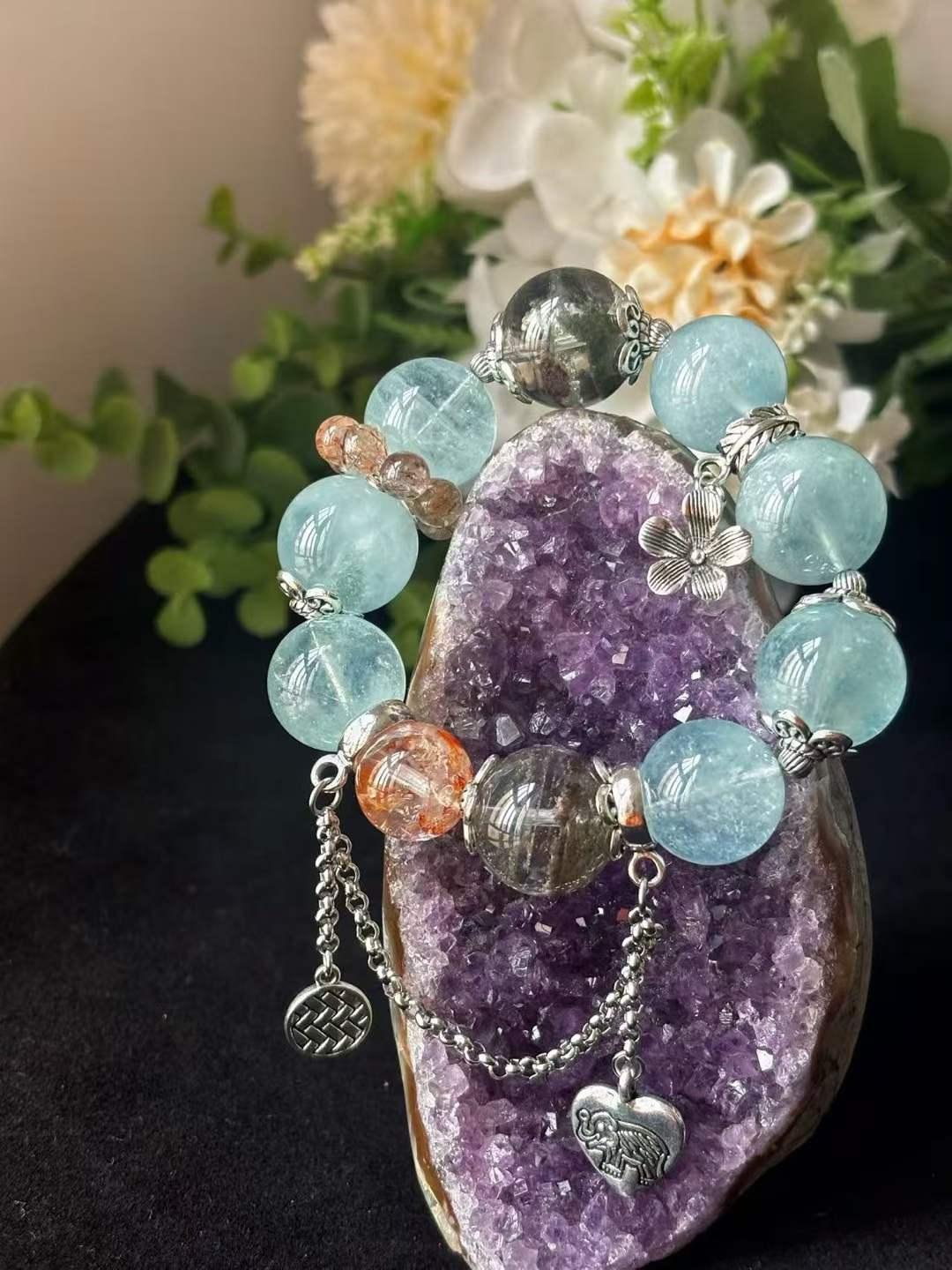 Water · Wood · Earth Element · Stardust Ocean Crystal Bracelet · Star Aquamarine, Green Phantom Quartz & Rainbow Koi Crystal for Communication, Prosperity & Energy Cleansing