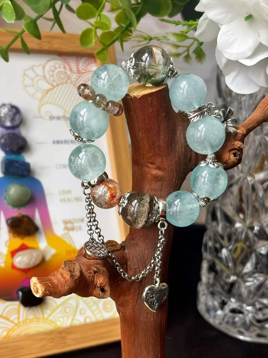 Water · Wood · Earth Element · Stardust Ocean Crystal Bracelet · Star Aquamarine, Green Phantom Quartz & Rainbow Koi Crystal for Communication, Prosperity & Energy Cleansing