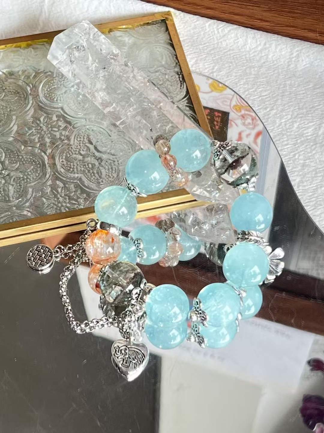 Water · Wood · Earth Element · Stardust Ocean Crystal Bracelet · Star Aquamarine, Green Phantom Quartz & Rainbow Koi Crystal for Communication, Prosperity & Energy Cleansing