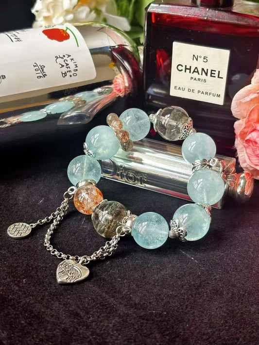 Water · Wood · Earth Element · Stardust Ocean Crystal Bracelet · Star Aquamarine, Green Phantom Quartz & Rainbow Koi Crystal for Communication, Prosperity & Energy Cleansing