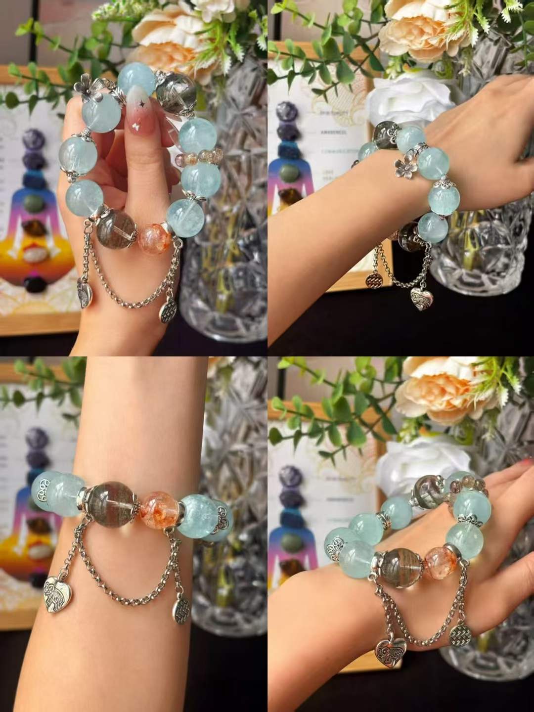 Water · Wood · Earth Element · Stardust Ocean Crystal Bracelet · Star Aquamarine, Green Phantom Quartz & Rainbow Koi Crystal for Communication, Prosperity & Energy Cleansing