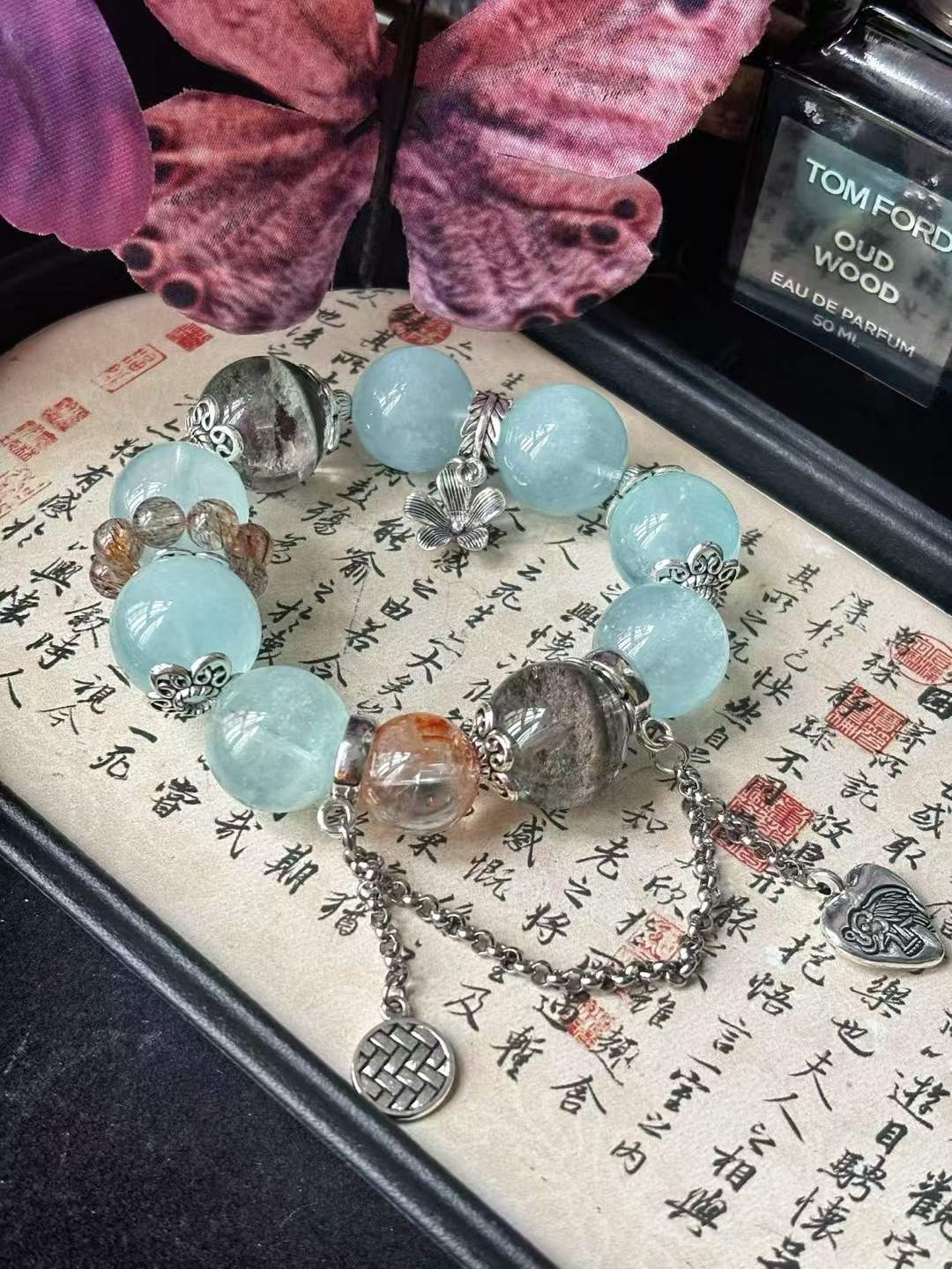 Water · Wood · Earth Element · Stardust Ocean Crystal Bracelet · Star Aquamarine, Green Phantom Quartz & Rainbow Koi Crystal for Communication, Prosperity & Energy Cleansing