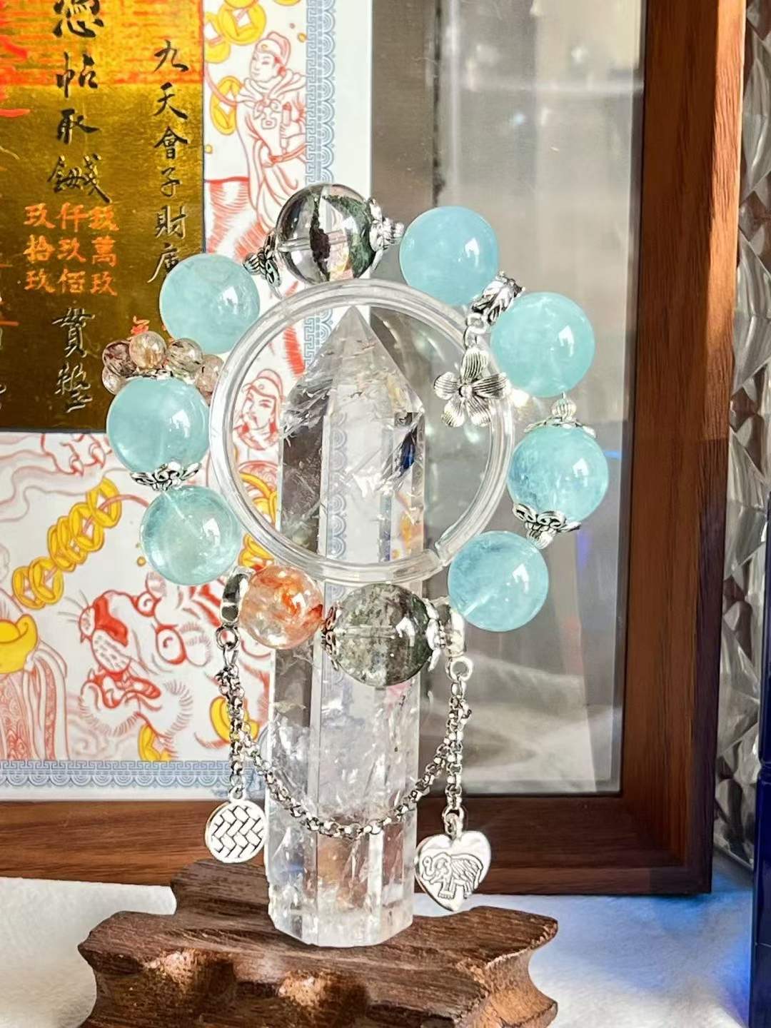 Water · Wood · Earth Element · Stardust Ocean Crystal Bracelet · Star Aquamarine, Green Phantom Quartz & Rainbow Koi Crystal for Communication, Prosperity & Energy Cleansing