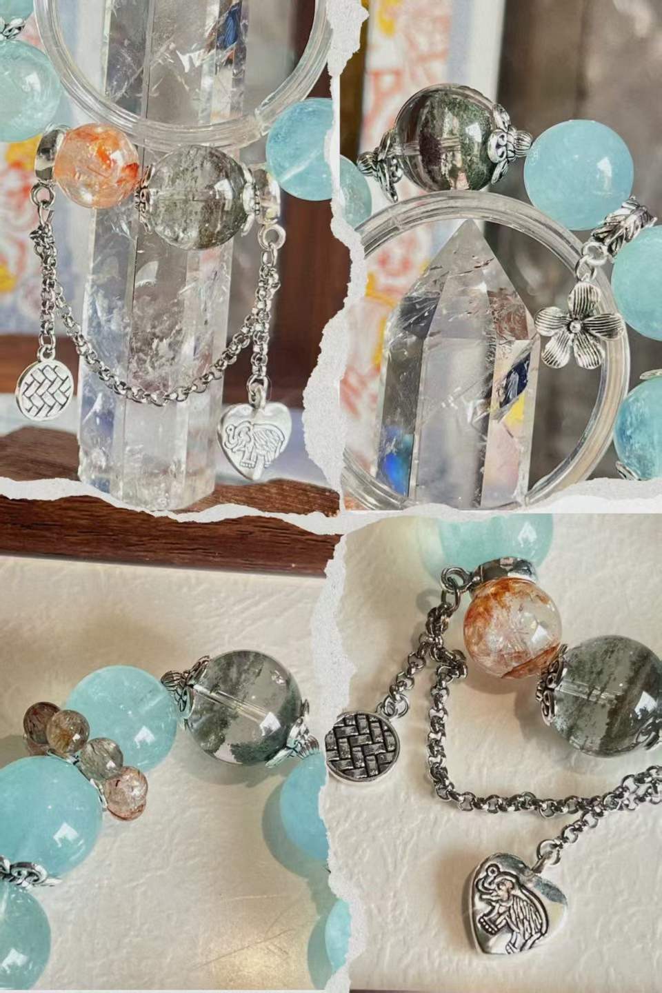 Water · Wood · Earth Element · Stardust Ocean Crystal Bracelet · Star Aquamarine, Green Phantom Quartz & Rainbow Koi Crystal for Communication, Prosperity & Energy Cleansing