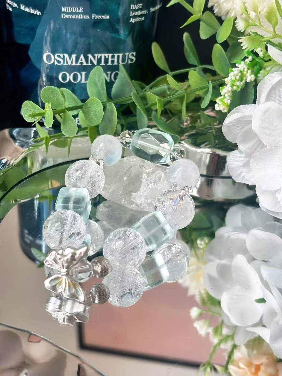 Metal · Water Element · Floating Ice Aura Crystal Bracelet · Rainbow Azeztulite, Blue Moonstone, Opal & Clear Quartz for Intuition, Love & Energy Balance