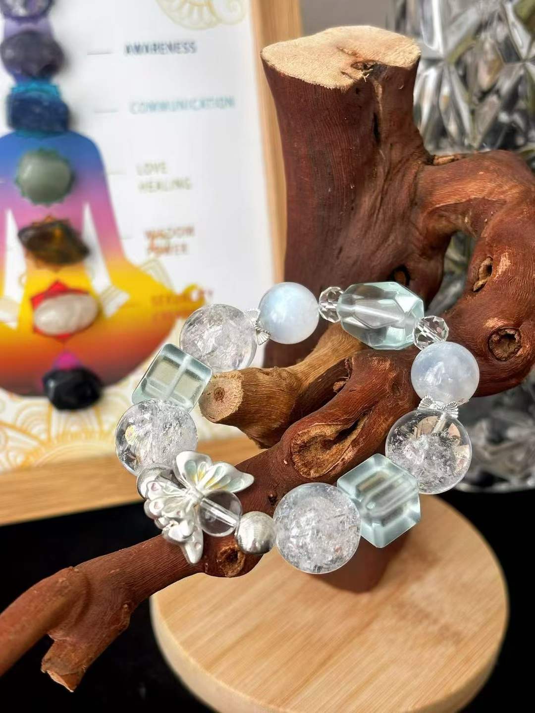 Metal · Water Element · Floating Ice Aura Crystal Bracelet · Rainbow Azeztulite, Blue Moonstone, Opal & Clear Quartz for Intuition, Love & Energy Balance