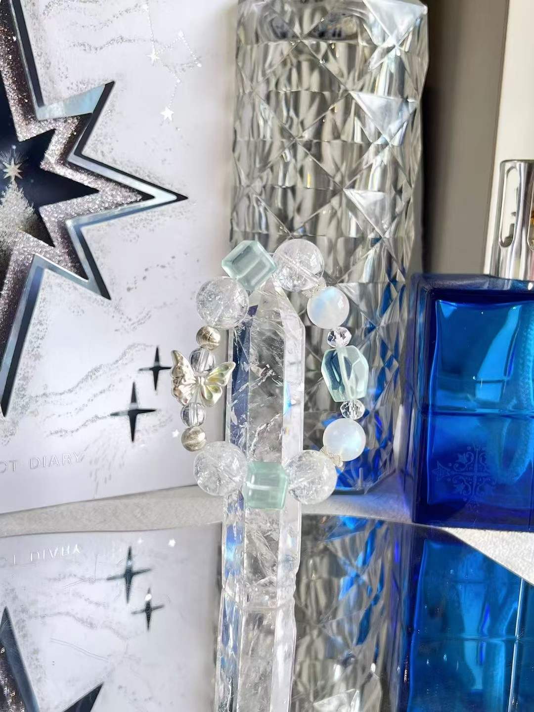 Metal · Water Element · Floating Ice Aura Crystal Bracelet · Rainbow Azeztulite, Blue Moonstone, Opal & Clear Quartz for Intuition, Love & Energy Balance