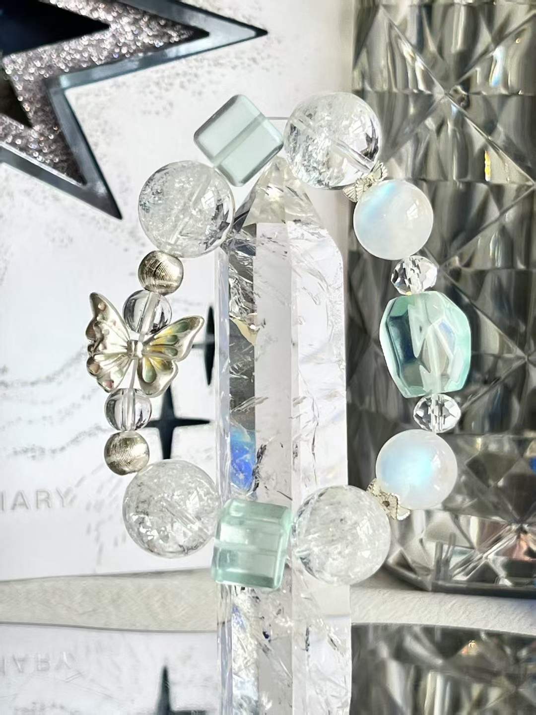 Metal · Water Element · Floating Ice Aura Crystal Bracelet · Rainbow Azeztulite, Blue Moonstone, Opal & Clear Quartz for Intuition, Love & Energy Balance