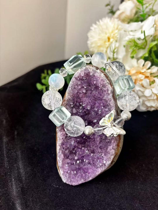 Metal · Water Element · Floating Ice Aura Crystal Bracelet · Rainbow Azeztulite, Blue Moonstone, Opal & Clear Quartz for Intuition, Love & Energy Balance