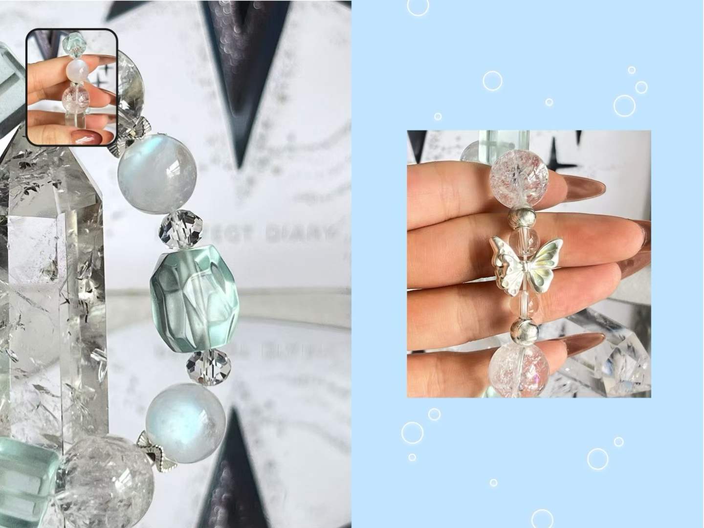 Metal · Water Element · Floating Ice Aura Crystal Bracelet · Rainbow Azeztulite, Blue Moonstone, Opal & Clear Quartz for Intuition, Love & Energy Balance