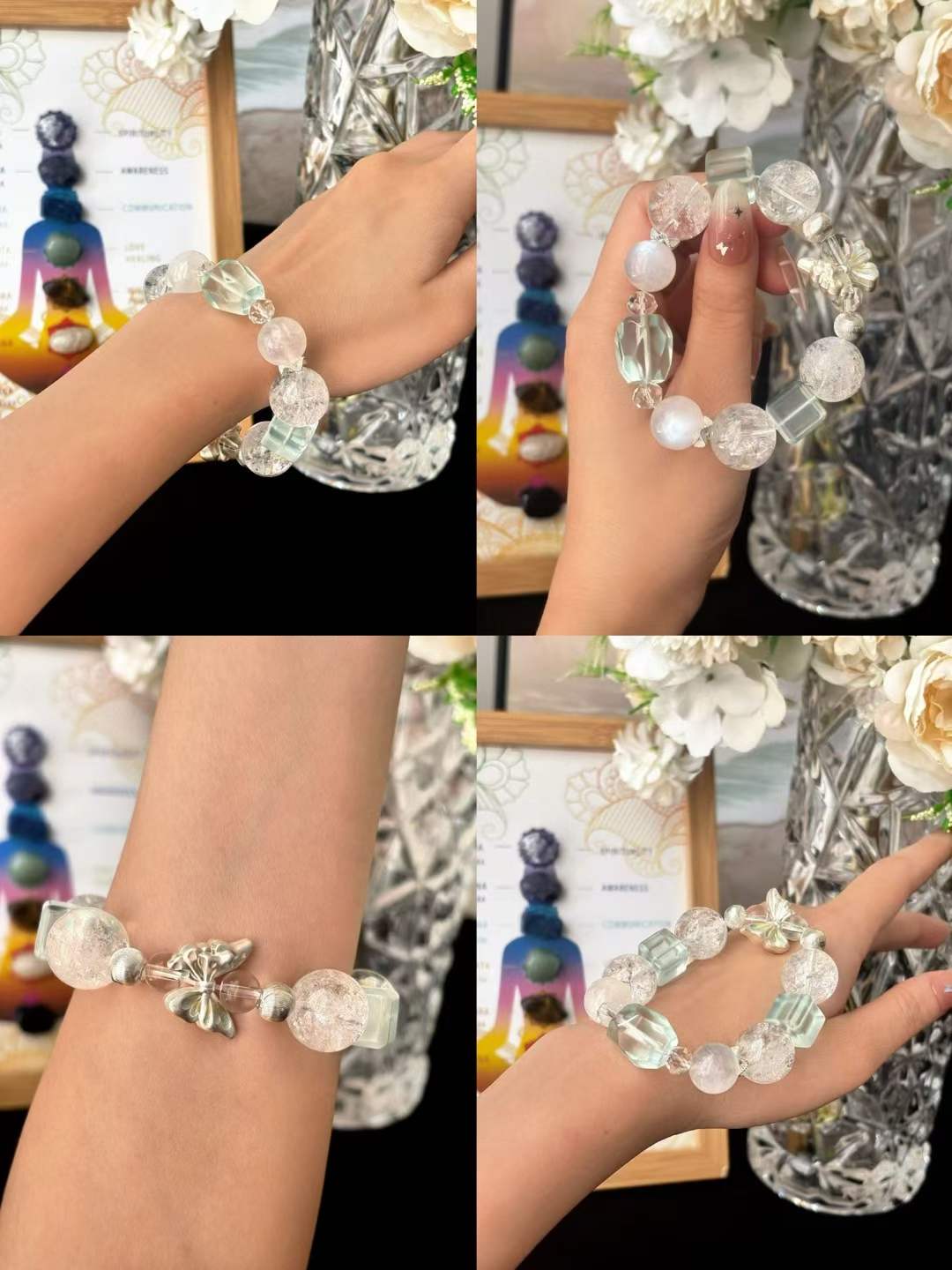 Metal · Water Element · Floating Ice Aura Crystal Bracelet · Rainbow Azeztulite, Blue Moonstone, Opal & Clear Quartz for Intuition, Love & Energy Balance