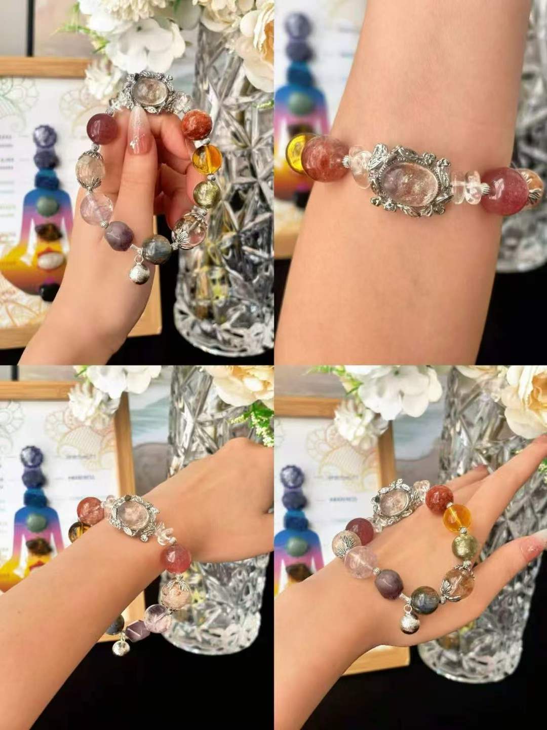 Five Element · Multi Crystal Universe Bracelet · Red Phantom, Citrine, Strawberry Quartz & Amethyst for Prosperity, Love, Wisdom & Energy Balance