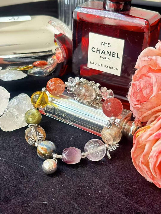 Five Element · Multi Crystal Universe Bracelet · Red Phantom, Citrine, Strawberry Quartz & Amethyst for Prosperity, Love, Wisdom & Energy Balance