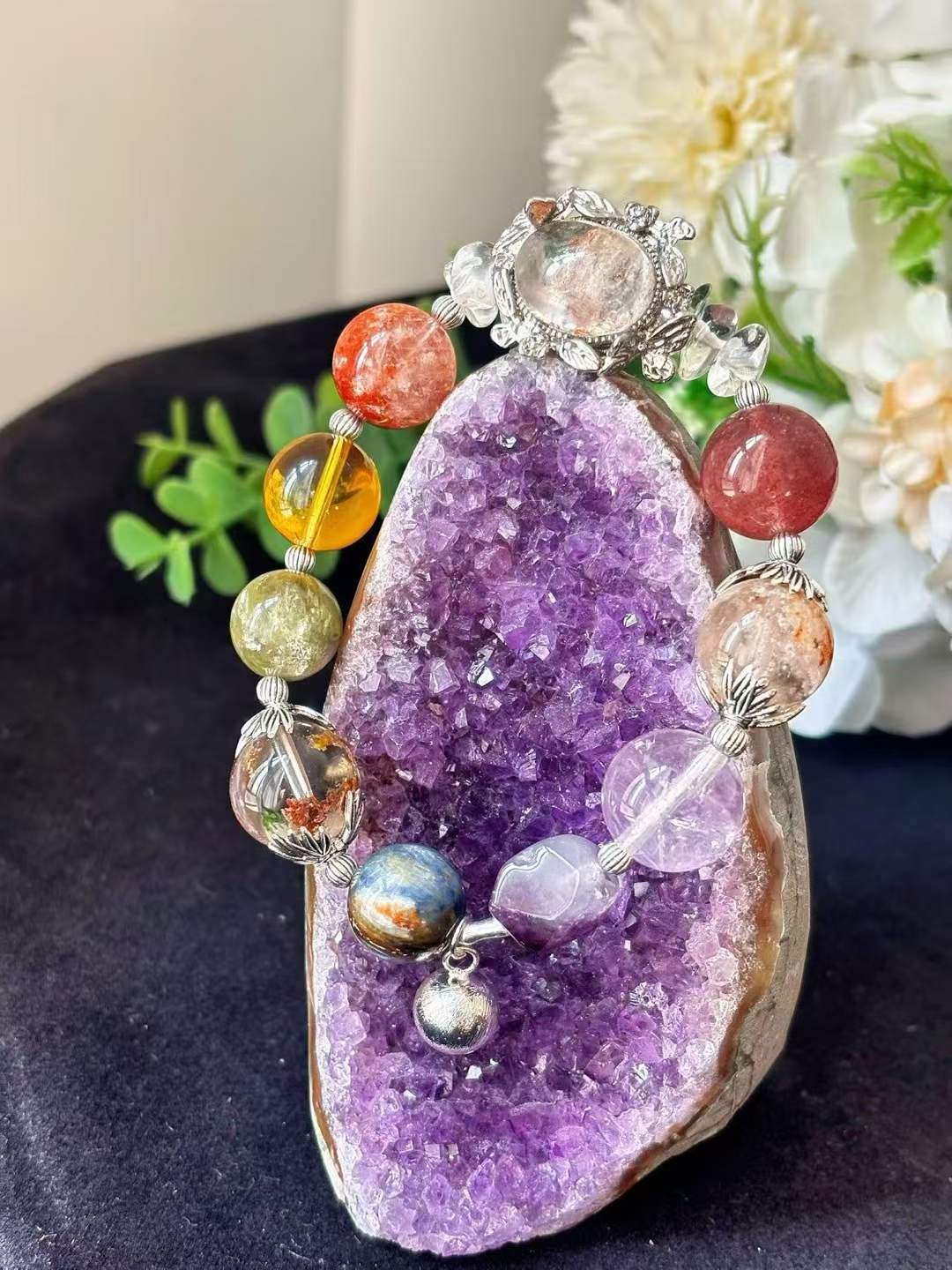 Five Element · Multi Crystal Universe Bracelet · Red Phantom, Citrine, Strawberry Quartz & Amethyst for Prosperity, Love, Wisdom & Energy Balance