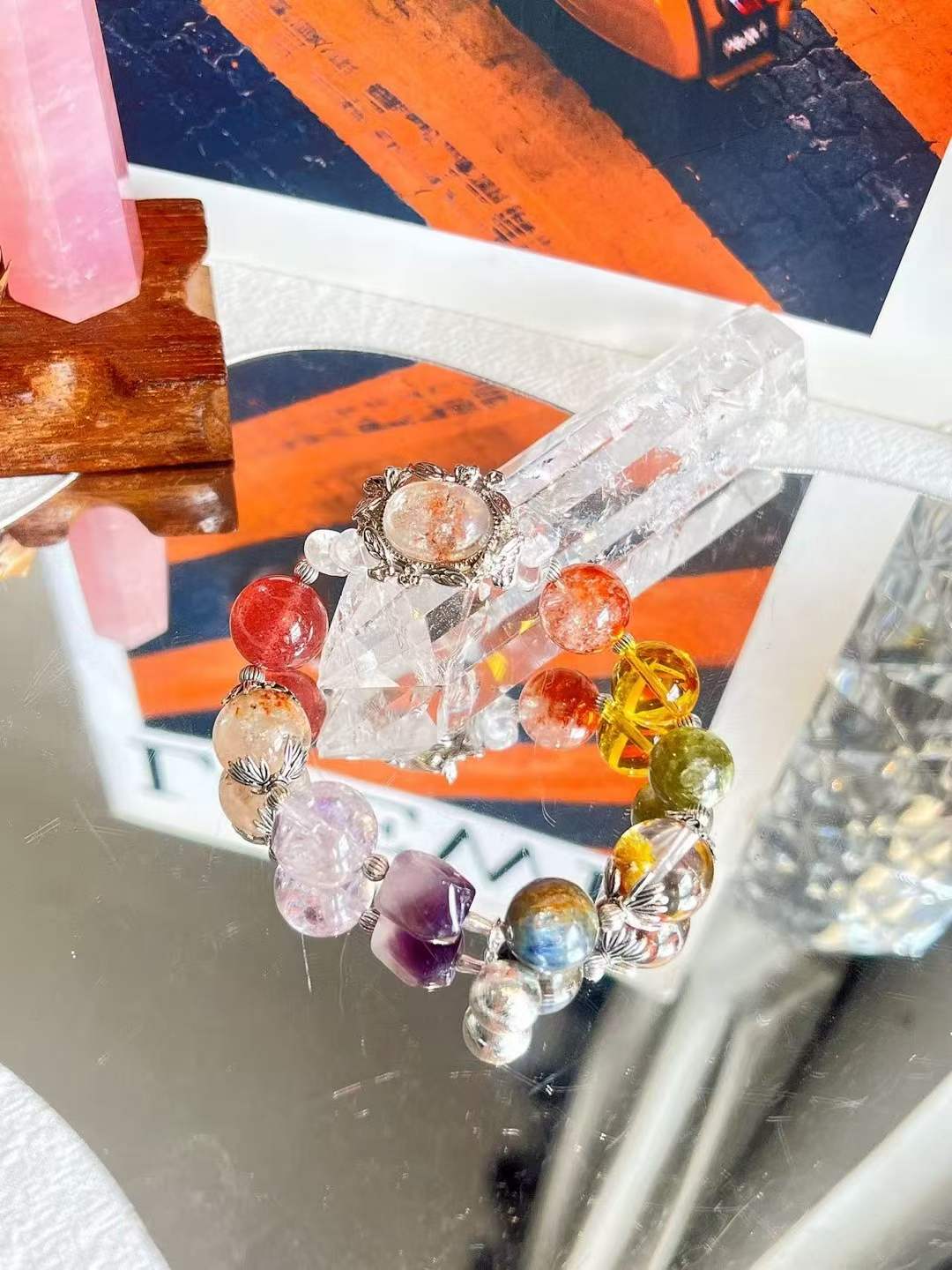 Five Element · Multi Crystal Universe Bracelet · Red Phantom, Citrine, Strawberry Quartz & Amethyst for Prosperity, Love, Wisdom & Energy Balance