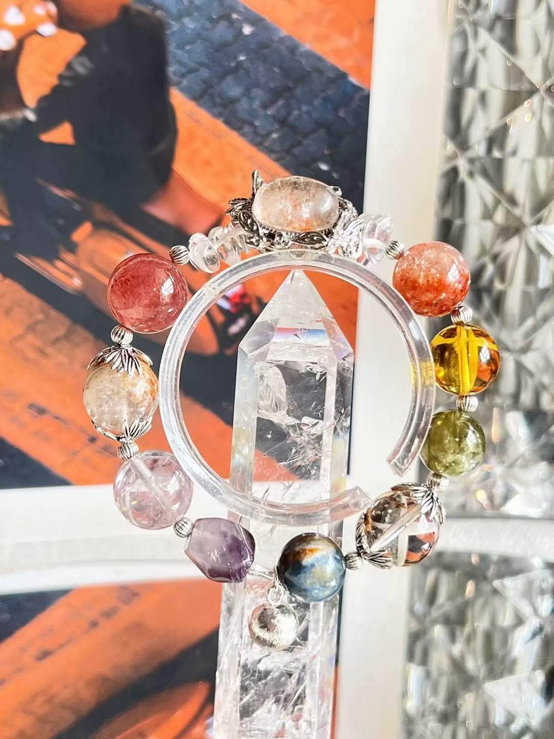 Five Element · Multi Crystal Universe Bracelet · Red Phantom, Citrine, Strawberry Quartz & Amethyst for Prosperity, Love, Wisdom & Energy Balance