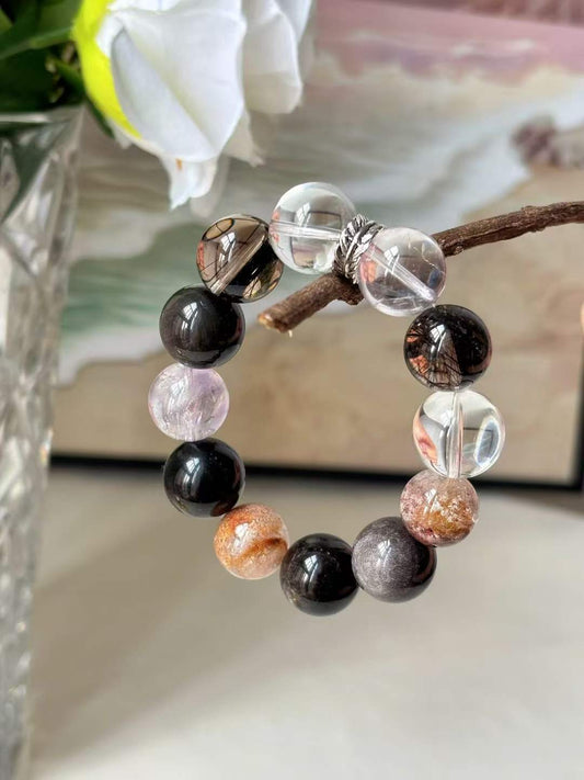 Water · Wood · Fire Element · Memory Garden Crystal Bracelet · Black Rutilated Quartz, Garden Phantom Quartz & Bolivian Amethyst for Leadership, Prosperity & Protection