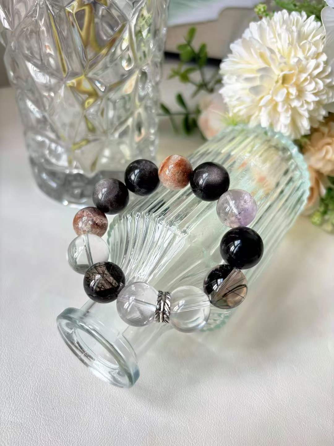 Water · Wood · Fire Element · Memory Garden Crystal Bracelet · Black Rutilated Quartz, Garden Phantom Quartz & Bolivian Amethyst for Leadership, Prosperity & Protection