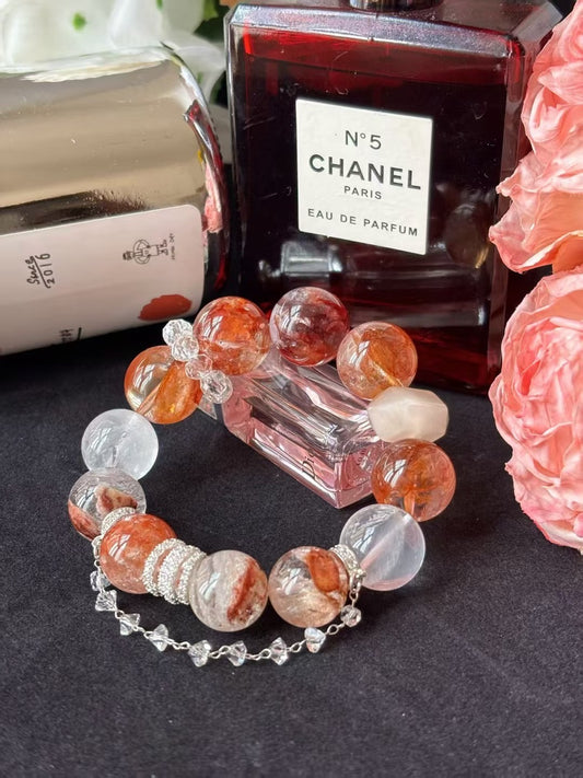 Metal · Fire · Wood Element · Fish Leaps Over the Dragon Gate Crystal Bracelet · Red Flower Agate, Four Seasons Phantom Quartz & Clear Quartz for Career Growth, Wealth & Transformation