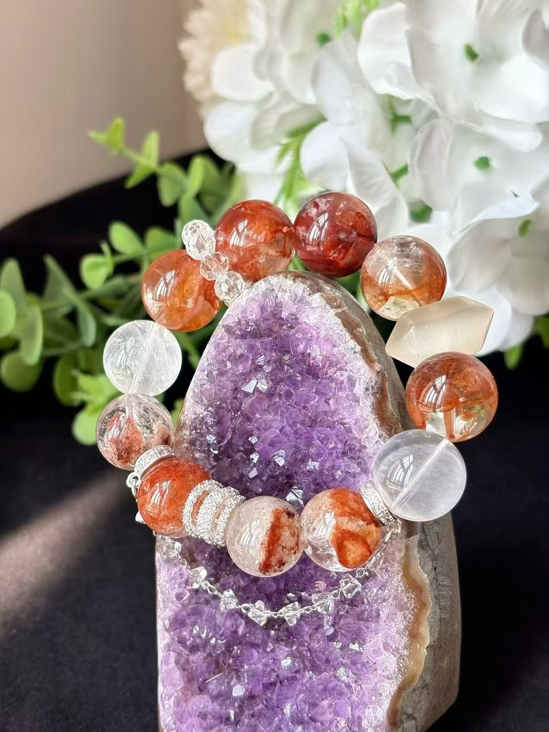 Metal · Fire · Wood Element · Fish Leaps Over the Dragon Gate Crystal Bracelet · Red Flower Agate, Four Seasons Phantom Quartz & Clear Quartz for Career Growth, Wealth & Transformation