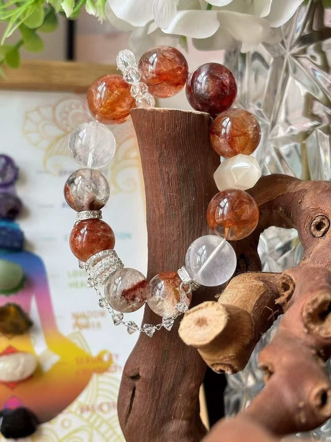 Metal · Fire · Wood Element · Fish Leaps Over the Dragon Gate Crystal Bracelet · Red Flower Agate, Four Seasons Phantom Quartz & Clear Quartz for Career Growth, Wealth & Transformation